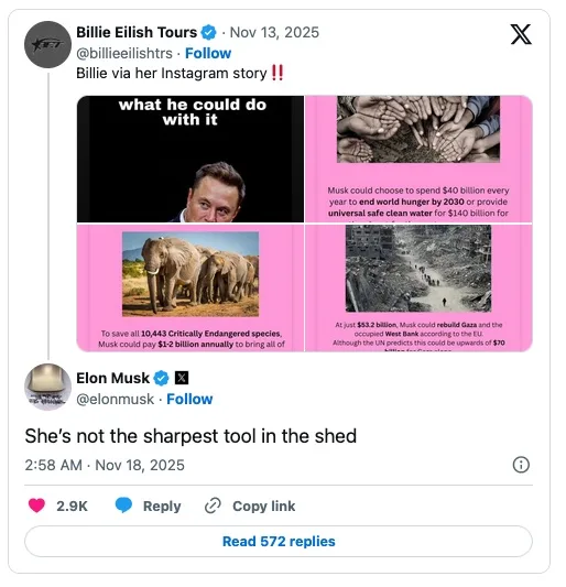 Elon Musk risponde a Billie Eilish su X